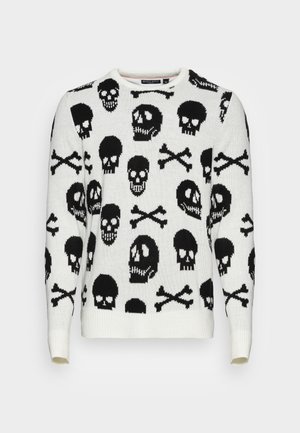 Witte gebreide trui met zwarte schedel- en kruisbeenderpatronen overal, voorzien van een ronde halslijn en lange mouwen.