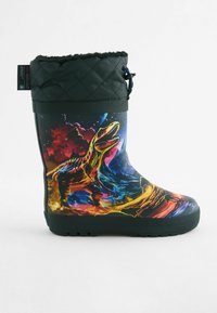 Botte de pluie en caoutchouc noir présentant un graphique de dinosaure coloré sur un fond abstrait. Partie supérieure texturée en noir avec un revers matelassé.