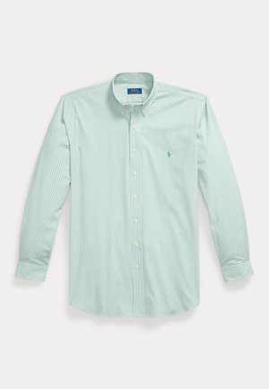 Lysegrønn og hvit vertikalstripet herreskjorte med lange ermer og liten brodert logo på brystet.
