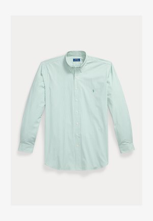 Vyriški šviesiai žaliai ir baltai dryžuoti marškiniai su ilgomis rankovėmis ir mažuoju siuvinėtų logotipu ant krūtinės.