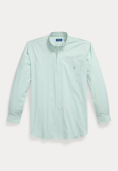 Męska koszula w pionowe, jasnografitowe i białe paski, z długimi rękawami i małym haftowanym logo na piersi.