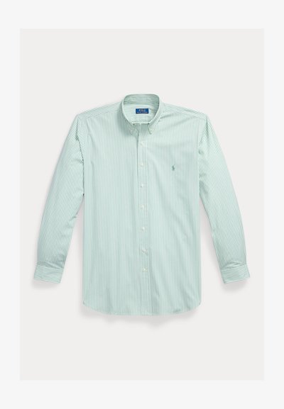 Męska koszula w pionowe, jasnografitowe i białe paski, z długimi rękawami i małym haftowanym logo na piersi.