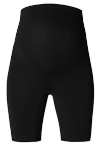 Sorte graviditetsshorts fremstillet af strækstof. Glat tekstur, høj talje, knældlange med en kontureret design for støtte.
