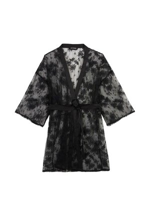 Robe kimono en dentelle noire avec motif floral, manches larges, bordure en satin et ceinture à nouer à la taille.