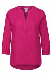 Blusa di lino rosa con maniche a tre quarti, scollatura a V e orlo leggermente curvo. Tessuto liscio con una leggera lucentezza. Senza motivi o decorazioni.