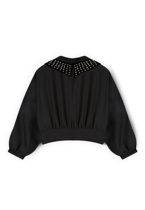 Schwarze verkürzte Jacke mit geraffter Taille, Ballonärmeln und einem mit Metallnieten verzierten Kragen. Glatter Stoff mit mattem Finish.