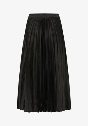 Schwarzer, plissierter Rock mit sanftem Glanz, der einen elastischen Bund und gleichmäßig plazierte vertikale Falten aufweist, was eine fließende Silhouette erzeugt.