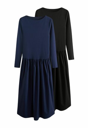 Zwei langärmelige Kleider in Marineblau und Schwarz, mit einem taillierten Oberteil und einem ausgestellten, gerafften Rock. Hergestellt aus weichem, dehnbarem Stoff.