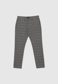 Pantaloni a quadri grigi con un design aderente, caratterizzati da una texture liscia, due tasche laterali e una chiusura con bottone in vita.
