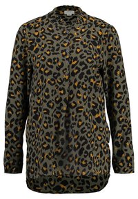 Bluse mit Leopardenmuster in Olivgrün, mit schwarzen und orangefarbenen Flecken, Kragen und Knopfleiste vorne sowie langen Ärmeln. Weiches Material.