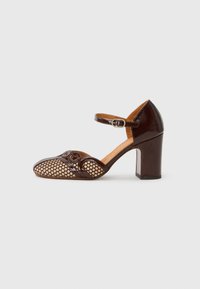 Scarpa con tacco marrone e finitura lucida, con dettagli in rete sulla punta e cinturino con fibbia, punta arrotondata e tacco a blocco solido.