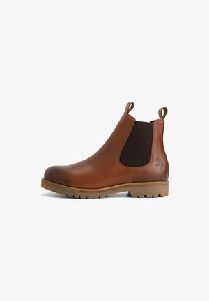 Bruine leren Chelsea-boot met zwarte elastische zijpanelen, trekhaakjes bij de enkel en een tan rubberen zool met profiel voor grip.
