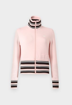 Light pink zip-up athletic jacket with a high collar, black and white horizontal stripes at the waist and cuffs, featuring a front pocket.