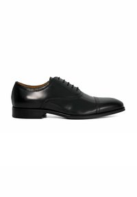Black leather dress shoe with a rounded toe, smooth finish, subtle stitching details, and six-eyelet lacing on a low-profile sole.