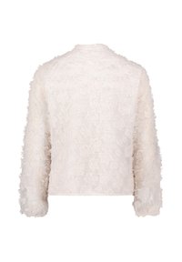 Cremfarbene Bluse mit einem strukturierten, fransigen Blumenmuster. Verfügt über lange Ärmel und einen runden Halsausschnitt, hergestellt aus einem leichten Stoff.