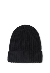 Gorro de punto negro con textura acanalada, que presenta un puño doblado en la parte inferior. El material parece grueso y cálido.