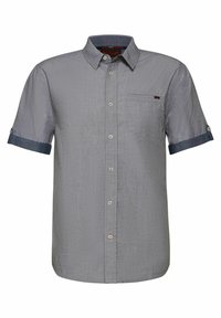 Kortärmad skjorta med knappar i ljusgrått med subtil struktur. Har en mörkblå krage och manschetter, samt en bröstficka.