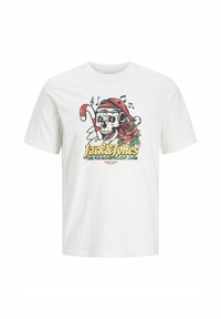 Bílý krátký rukáv T-shirt s barevným grafikou lebky v santovské čepici, cukrové tyčce, červené růži a hudebními notami.