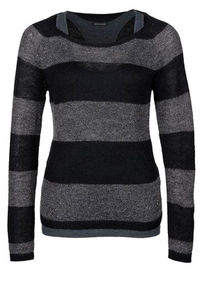 Langærmet strikket sweater med brede horisontale sorte og mørkegrå striber samt en lagdelt detalje ved halsudskæringen.