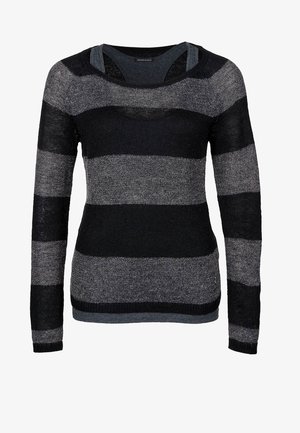Pull en maille à manches longues avec de larges rayures horizontales noires et gris foncé et un détail de col superposé.