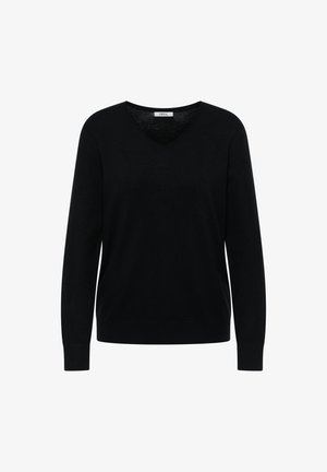 Czarny długi rękaw sweter w serek z prążkowanymi mankietami i dolnym wykończeniem, prosty wzór, oznaczony etykietą "CECIL" wewnątrz kołnierza.