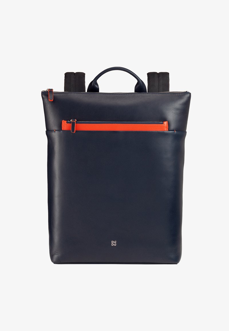 Navy leather backpack with adjustable black straps, top handle, and an orange zippered front pocket. Smooth texture with subtle logo detail.