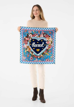 Foulard en soie carré présentant un cœur bleu avec le texte blanc "Herzerl", entouré de motifs floraux et paisley, bordé d'un design à carreaux.