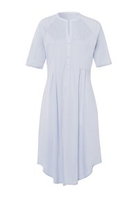 Abito azzurro chiaro realizzato in tessuto morbido, con una patta di bottoni, maniche raglan corte e pieghe per un maggiore volume. Design con orlo arrotondato.
