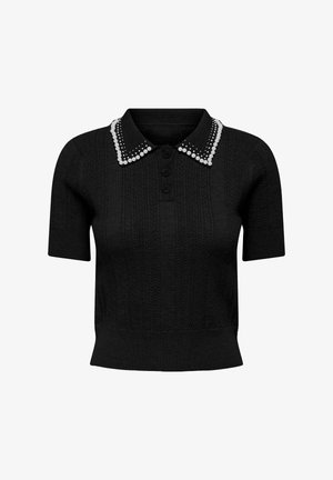 Schwarzes Poloshirt mit kurzen Ärmeln und strukturiertem Strickdesign. Mit einem mit Perlen verzierten Kragen und einer Knopfleiste mit drei Knöpfen.