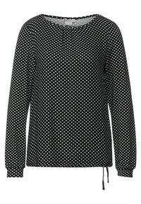 Blusa a maniche lunghe nera con un motivo geometrico bianco, caratterizzata da un colletto rotondo e polsini rag gather con dettagli a coulisse.