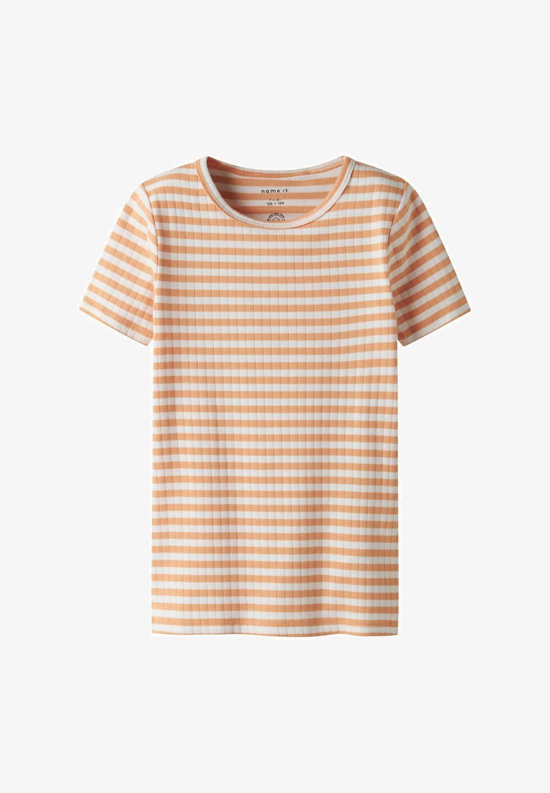 Short-sleeve t-shirt with a round neckline, featuring alternating orange and white horizontal stripes on a ribbed texture.