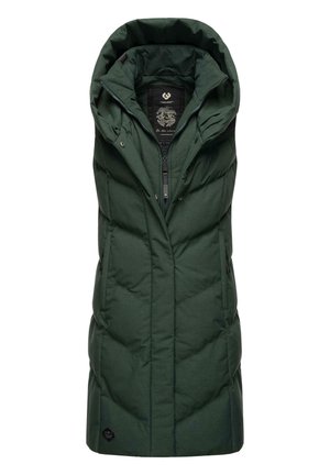 Ciemnozielona, bezrękawna, ocieplana kamizelka zimowa z kapturem, zamkiem błyskawicznym z przodu, bocznymi kieszeniami i pikowanym wzorem w kształcie jodełki.