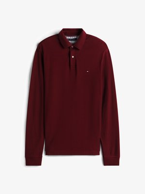 Burgundy long-sleeve polo shirt with a collared neckline, two-button placket, and small logo detail on the chest; made from soft fabric.