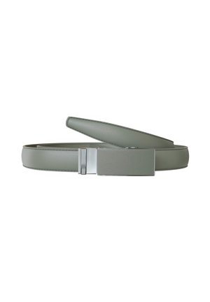 Light gray leather belt with a smooth rectangular silver buckle, partially coiled and displayed on a white background.