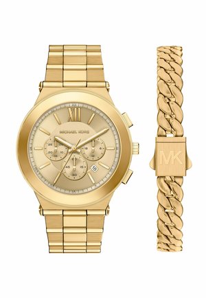 Gold-tone Michael Kors wristwatch with chronograph dials and linked bracelet, accompanied by a matching gold chain bracelet with MK clasp.