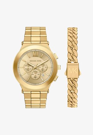 Zegarek na rękę Michael Kors w kolorze złotym z tarczami chronografu i ogniwami bransoletki, w zestawie z dopasowaną złotą bransoletką łańcuszkową z zapięciem MK.