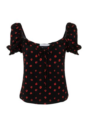 Schwarze Off-Shoulder-Bluse mit gerafften Puffärmeln, rotem Blumenmuster, einer vorderen Schleife am Ausschnitt und tailliertem Schnitt.