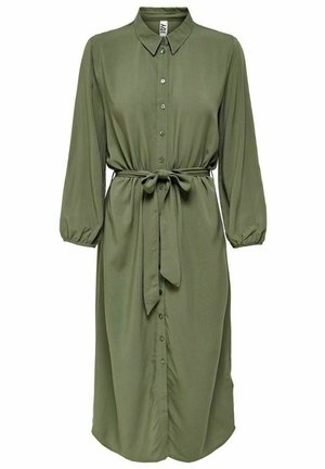 Olijfgroene jurk met lange mouwen, knopen aan de voorkant, kraag, elastische manchetten en een taillekoord.