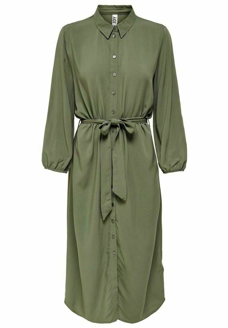 Robe chemise longue à manches longues de couleur vert olive, avec boutons sur le devant, col à revers, poignets élastiques et ceinture à nouer à la taille.