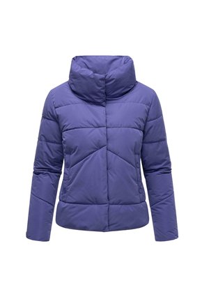 Chaqueta acolchada en púrpura, con un alto cuello, bolsillos abotonados y diseño de acolchado geométrico. Hecha de material ligero y acolchado.