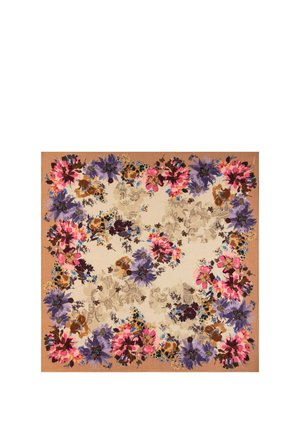 Square scarf with beige background and a border of large pink, purple, and brown floral patterns around edges.