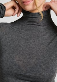 Grijze turtleneck top gemaakt van zachte, lichte stof met subtiele textuur. Fitted design met hoge kraag, gedeeltelijk zichtbaar op de nek en schouders van het model.