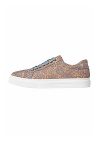 Bronze patterned sneaker with blue laces, featuring a textured upper and white rubber sole, showcasing a floral design throughout.