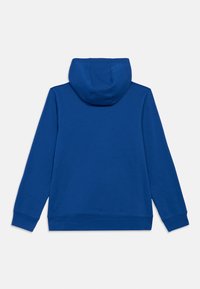 Sweatshirt azul com mangas longas e um capuz grande, preso. Feito de um tecido macio com uma textura suave. Sem marcação ou gráficos visíveis.