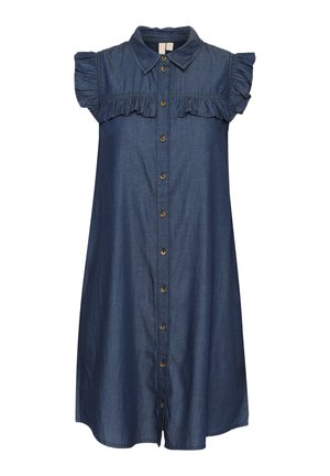 Džinsinė suknelė su trumpomis volanėlių rankovėmis, apykakle ir mygtukų užsegimu. Medžiaga yra šviesiai mėlyna su lygiu paviršiumi. Yra dekoratyvinis siuvinėjimas.