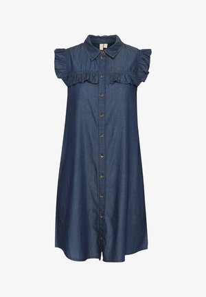 Jeansowa sukienka z krótkimi falbaniastymi rękawami, kołnierzykiem i zapięciem na guziki z przodu. Materiał jest jasnoniebieski o gładkiej fakturze. Posiada dekoracyjne przeszycia.
