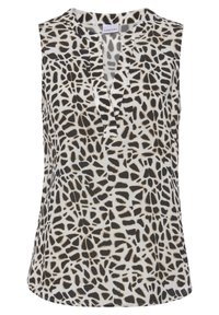 Mouwloze top in het wit met een zwart en beige onregelmatig dierenprint. Voorzien van een notch-halslijn en een ontspannen pasvorm.