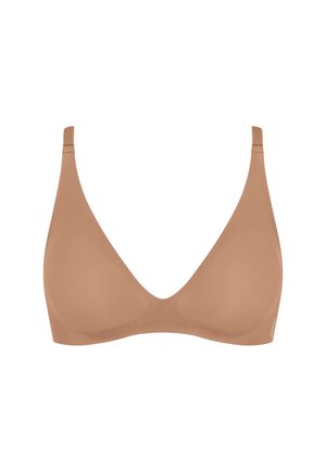 Sømløs trekantet blød skål-bh i nøgen farve med justerbare stropper og uden bøjle.