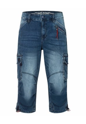 Mittelblaue Denim-Cargoshorts mit mehreren Taschen, Knopf- und Reißverschluss sowie ausgebleichten Details an den Vorderbeinen.