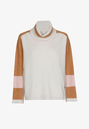 Pull à col roulé crème, avec des accents beige clair et rose sur les manches. Texture douce, coupe décontractée et détails de conception minimalistes.